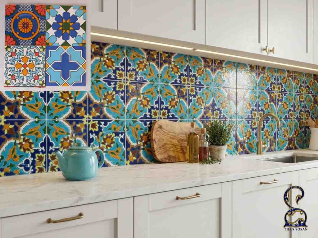 کاشی بین کابینتی فیروزه ای طرح دار برای کابینت سفید