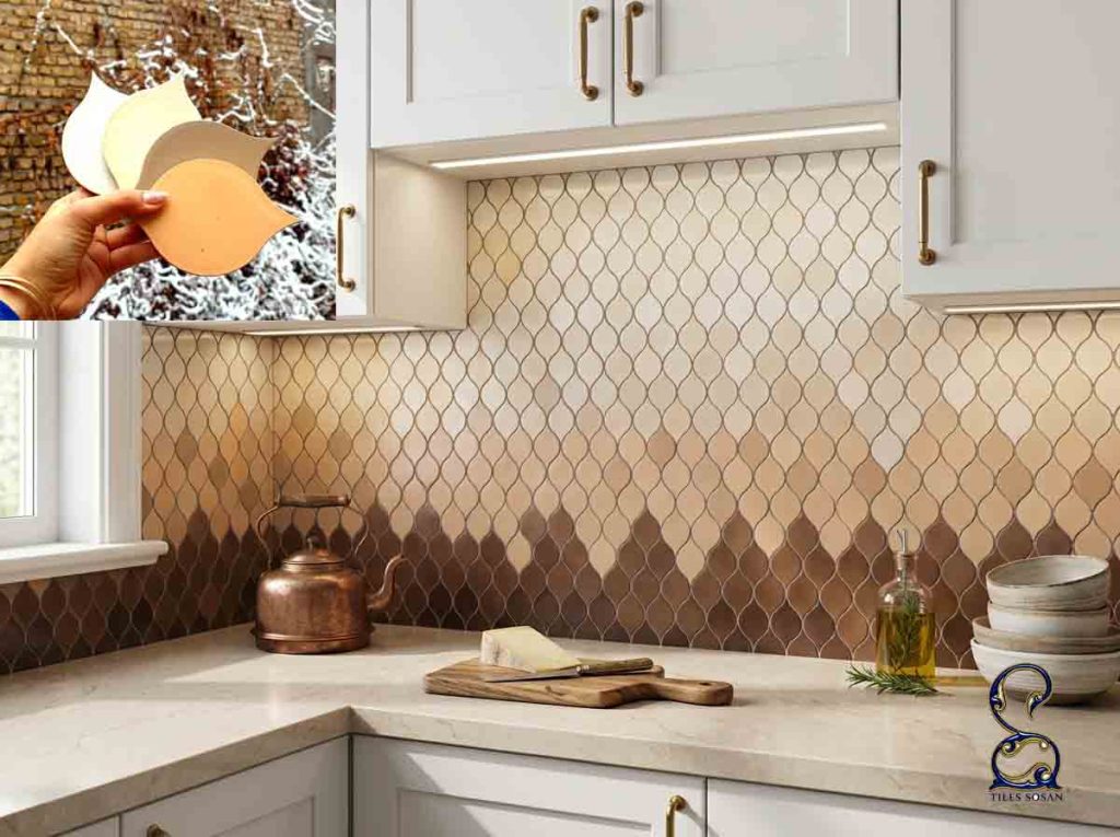 کاشی بین کابینتی قهوه ای و کرم برای کابینت سفید