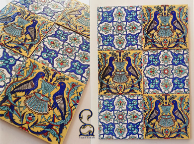 کاشی ابی سنتی طرح گل و مرغ